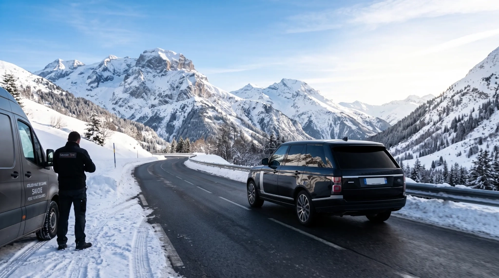 Voiture aux vitres teintées sur une route enneigée de Savoie, pose vitres teintées hiver