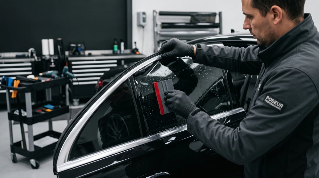 Mains d’un poseur appliquant un film sur une vitre, teintage de vitres professionnel